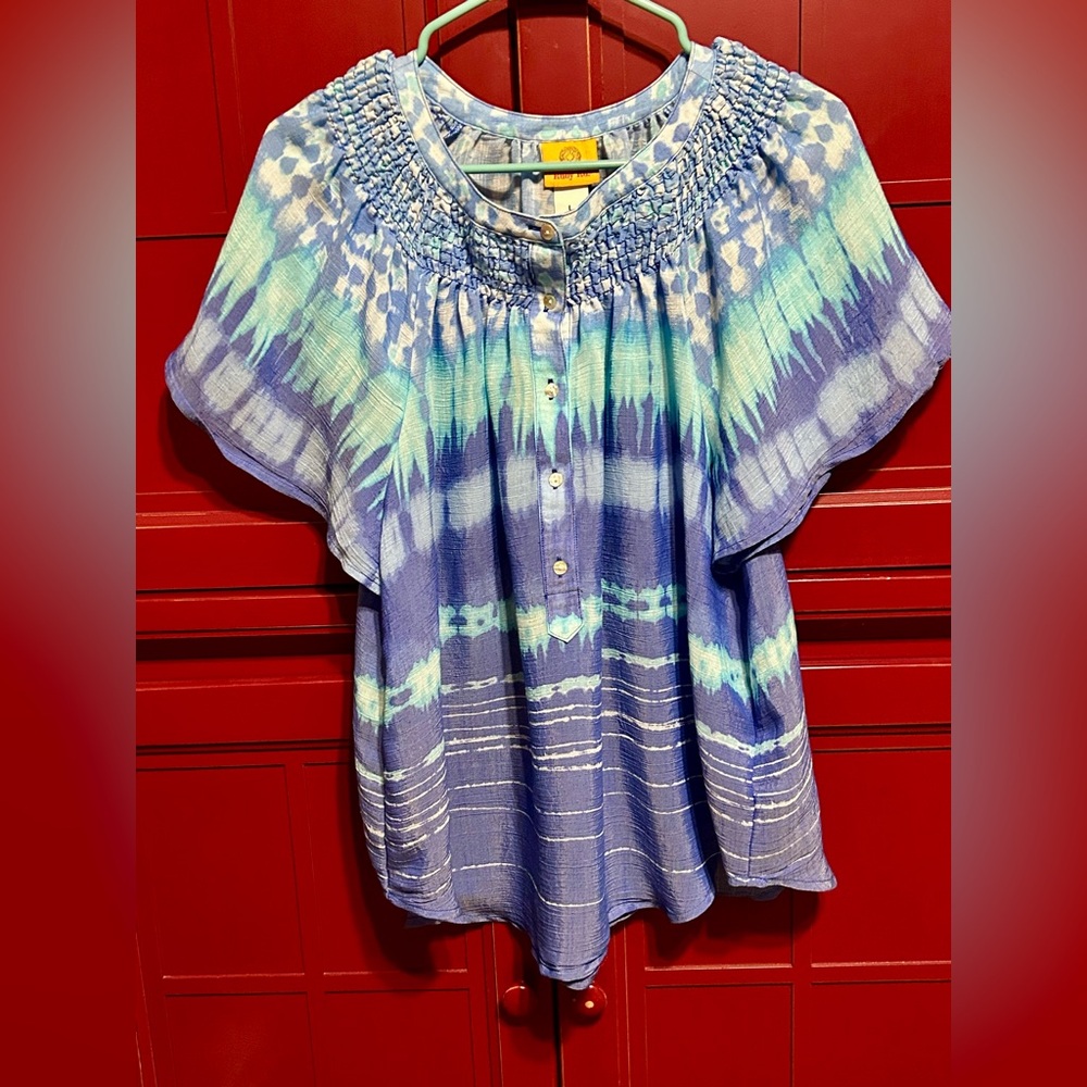 Blue and Purple Smocked Flutter Sleeve Blouse
